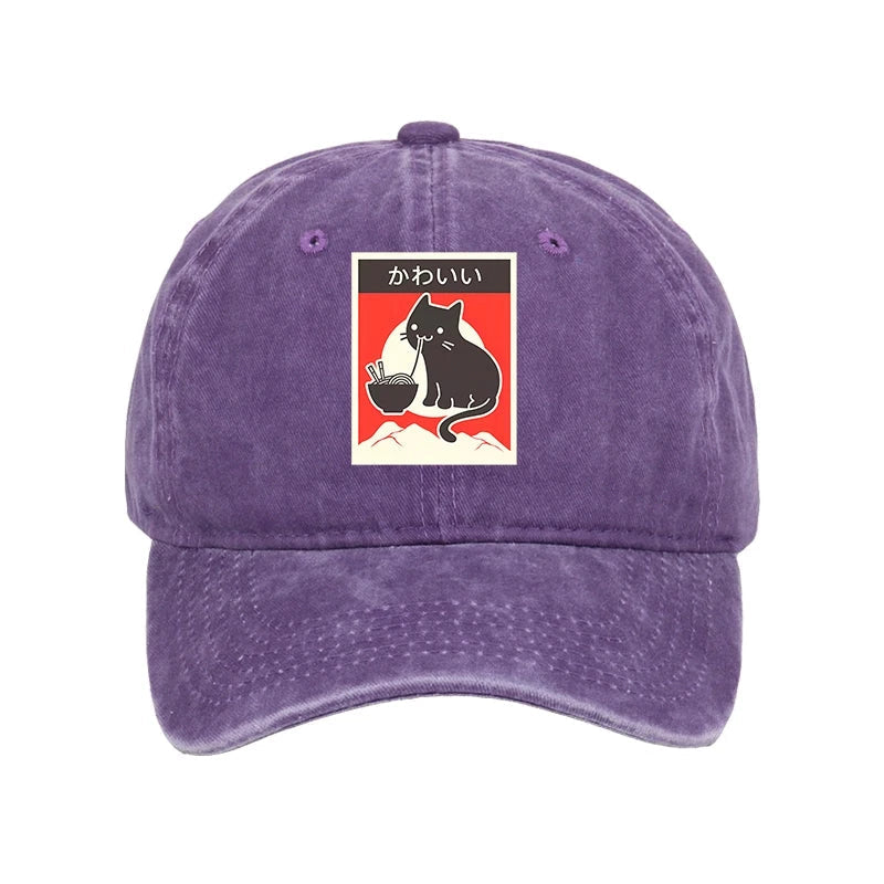 "Kawaii" Vintage Style Japenese Ramen Cat Washed Cap