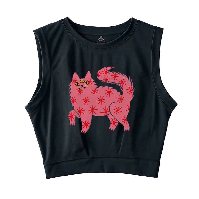 Three Eyes Pink Cat Sleeveless Crop Top