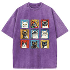 Unisex Pop Art Cat Washed T-Shirt