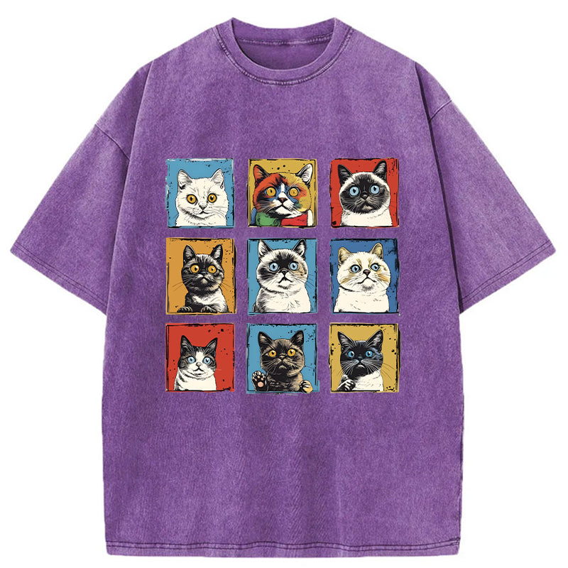 Unisex Pop Art Cat Washed T-Shirt