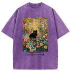 Unisex Black Cat In The Flower Bushes Washed T-Shirt