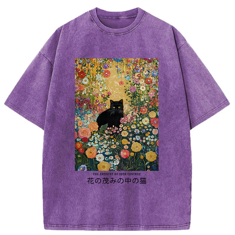 Unisex Black Cat In The Flower Bushes Washed T-Shirt