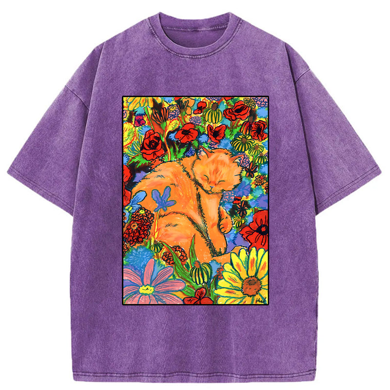 Unisex Colorful Orange Cats And Flowers Washed T-Shirt