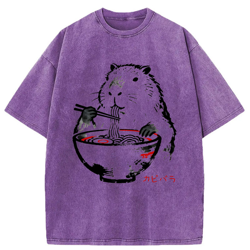 Unisex Capybaras Eat Delicious Ramen Washed T-Shirt