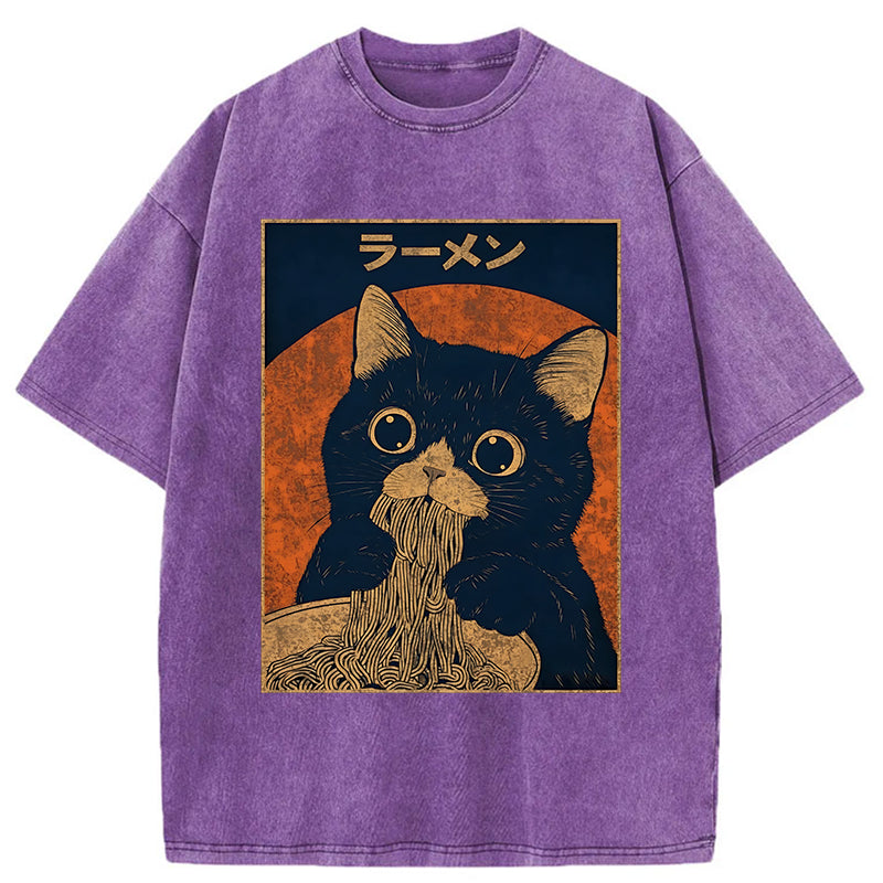 Unisex Retro Black Cat Eats Delicious Ramen Washed T-Shirt