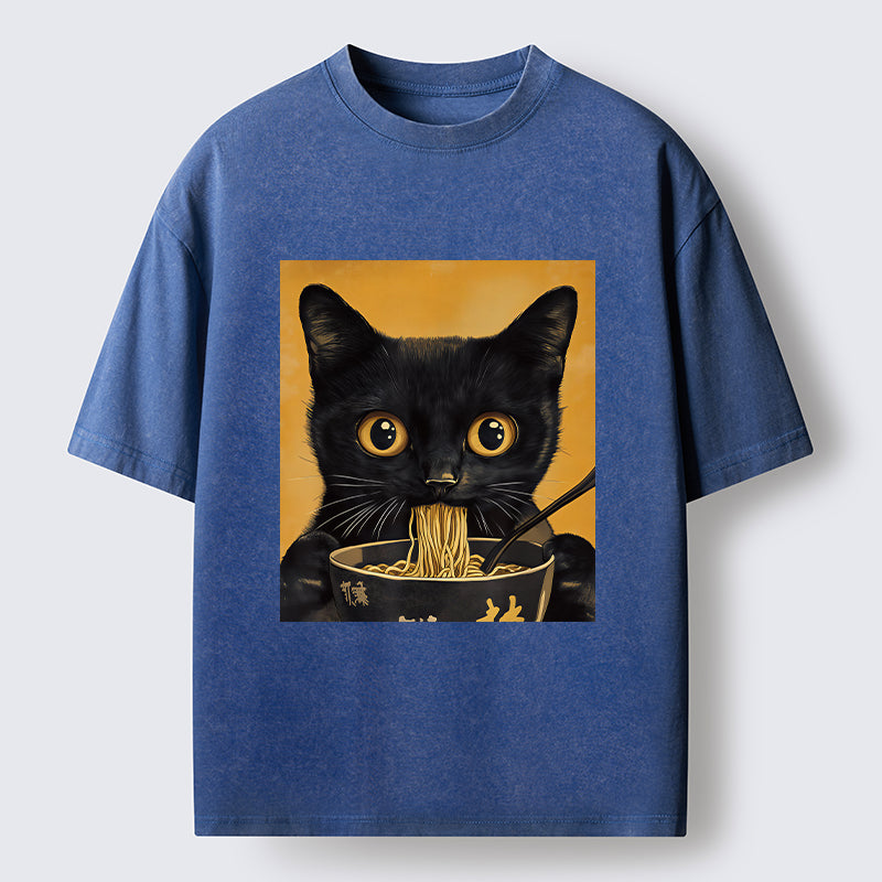 Unisex Cute Black Cat Eating A Big Bowl Of Ramen Washed T-Shirt
