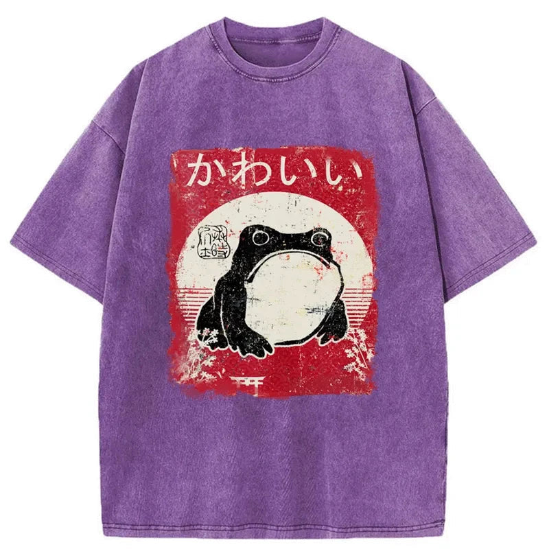 Woodblock Print Grumpy Frog Washed T-Shirt