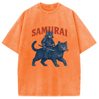 Funny Samurai Cat Washed T-Shirt