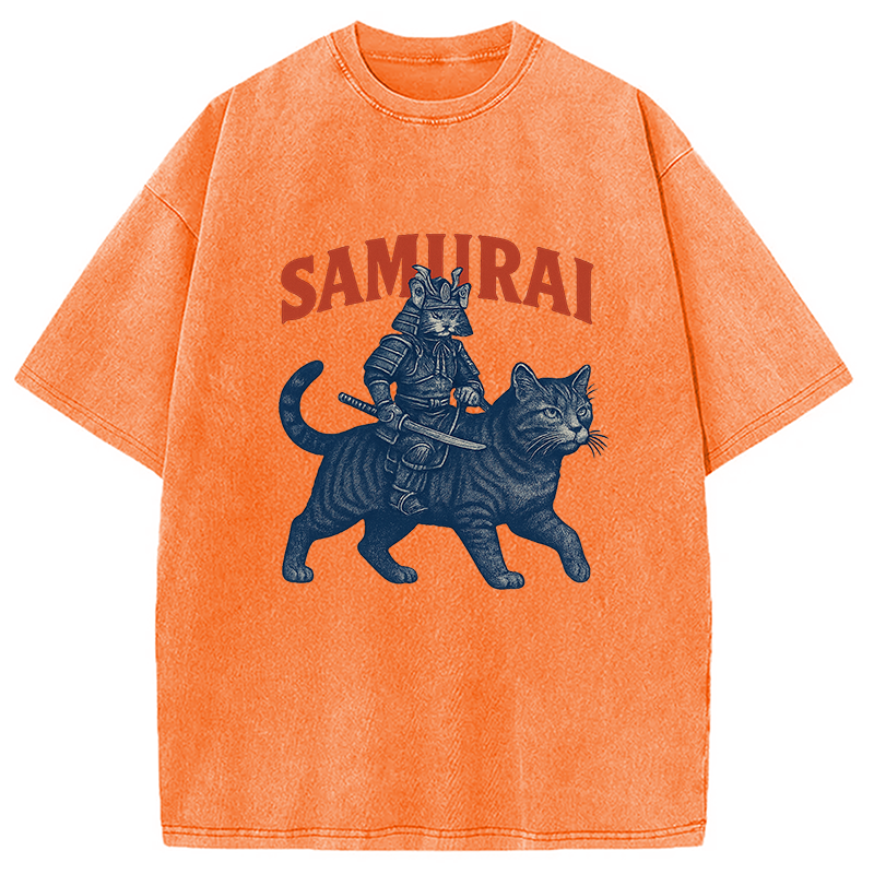 Funny Samurai Cat Washed T-Shirt