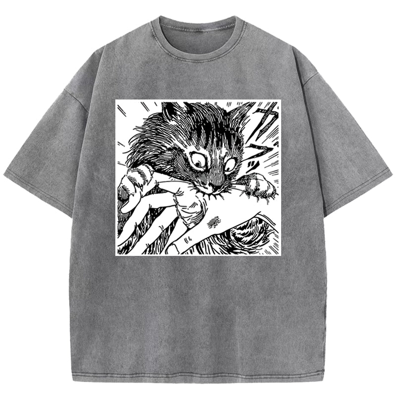 Creepy Cat Anime Horror Art Print Washed T-Shirt
