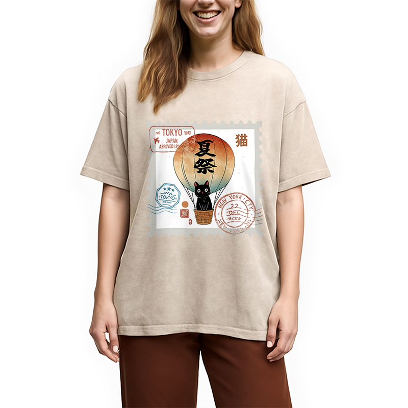 Japanese Cat Stamp Washed T-Shirt