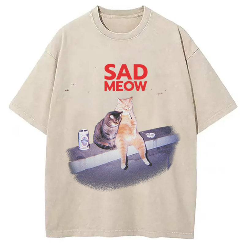 Sad Meow Smoking Cat Washed T-Shirt