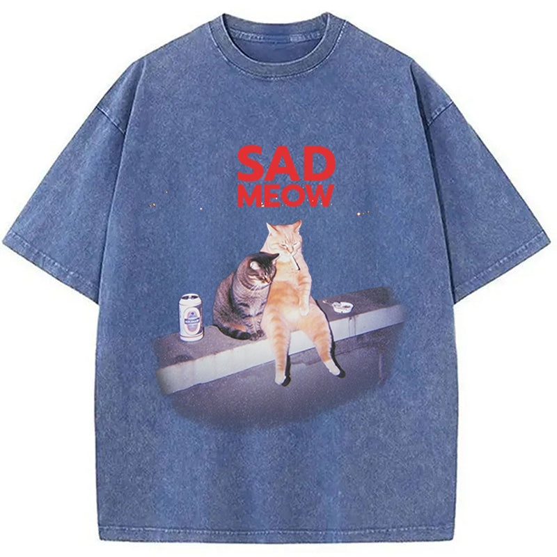 Sad Meow Smoking Cat Washed T-Shirt