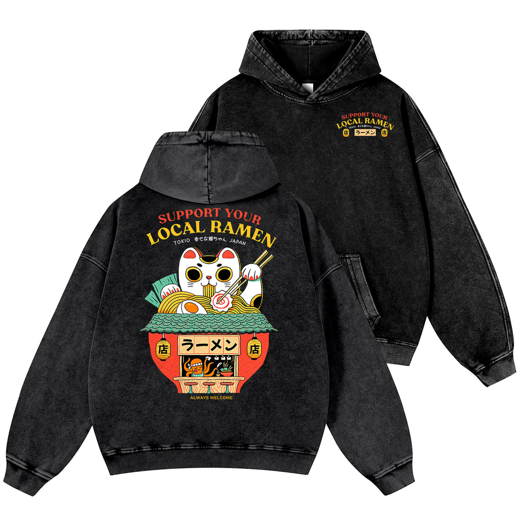 Ramen Lucky Cat Vintage Washed Cotton Back Art Hoodie