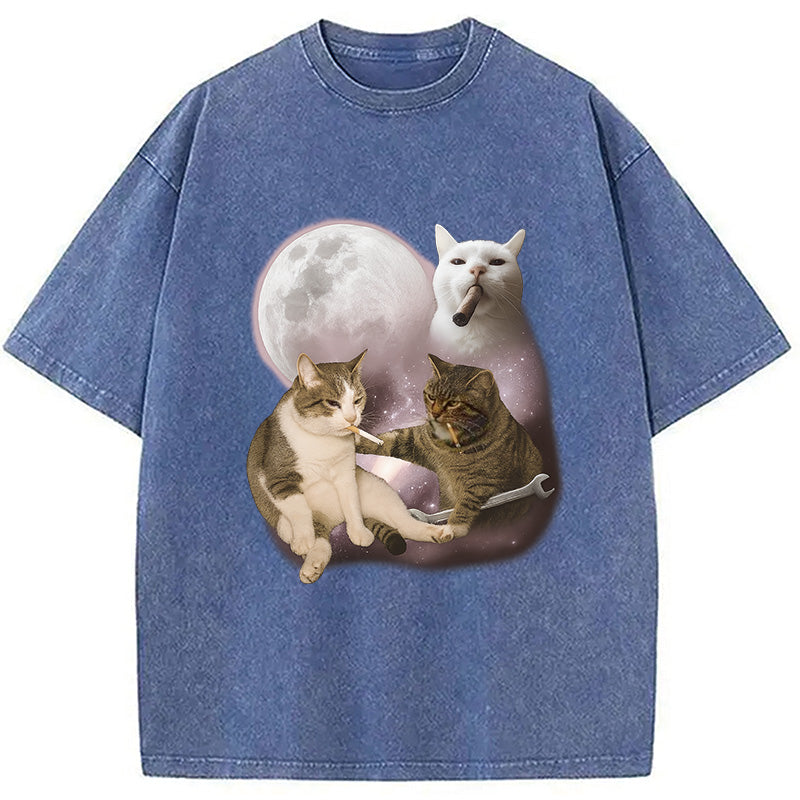 Three Cat Smoking Retro Washed T-Shirt