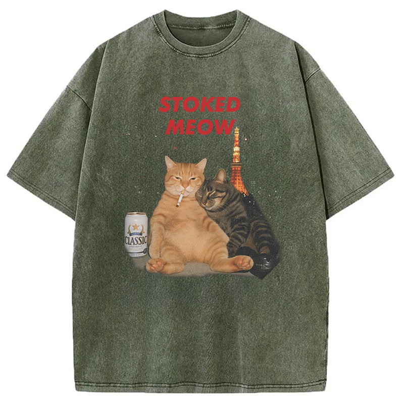 Stoked Meow Smoking Cat Washed T-Shirt