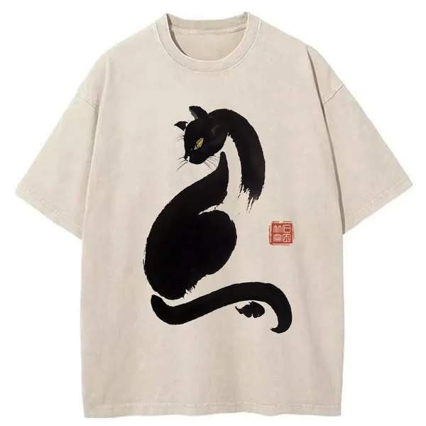 Elegant Black Cat Japan Washed T-Shirt