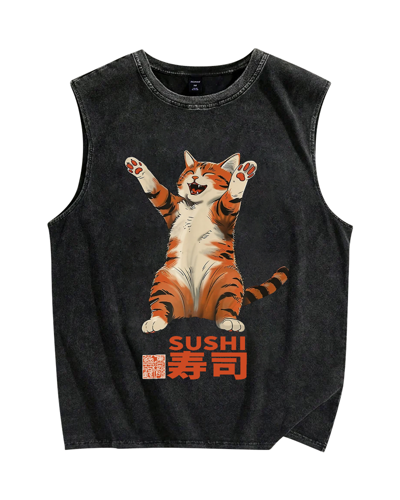 Cat Sushi Vintage Distressed Washed Tank Top