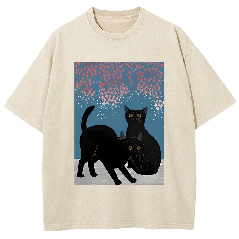 Black Cat Under The Sakura Washed T-Shirt