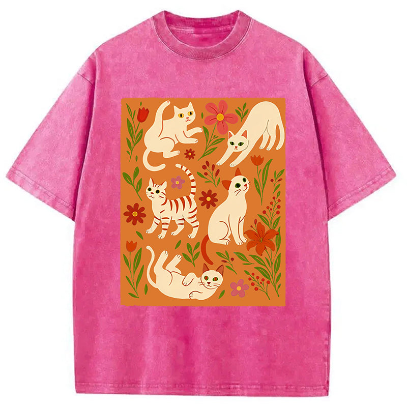 Cats And Flowers Washed T-Shirt