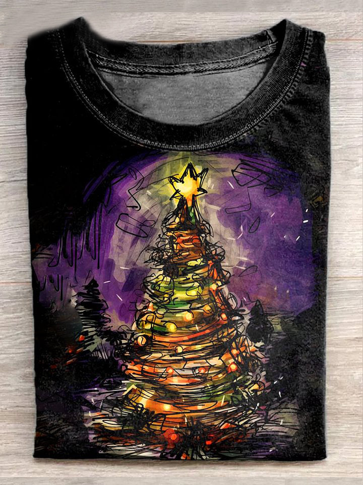 Unisex Christmas Tree Art Illustration Printed Casual Cotton Short Sleeve T-Shirt