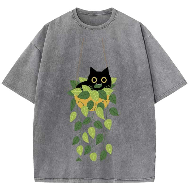 Black Cat And Plants  Washed T-Shirt