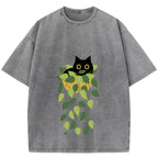 Black Cat And Plants  Washed T-Shirt