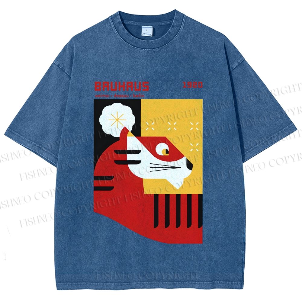 Unisex Bauhaus Red Tiger Printed Washed Tee
