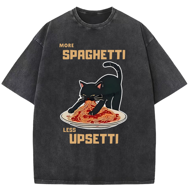 Cat Eating Spaghetti Funny Washed T-Shirt