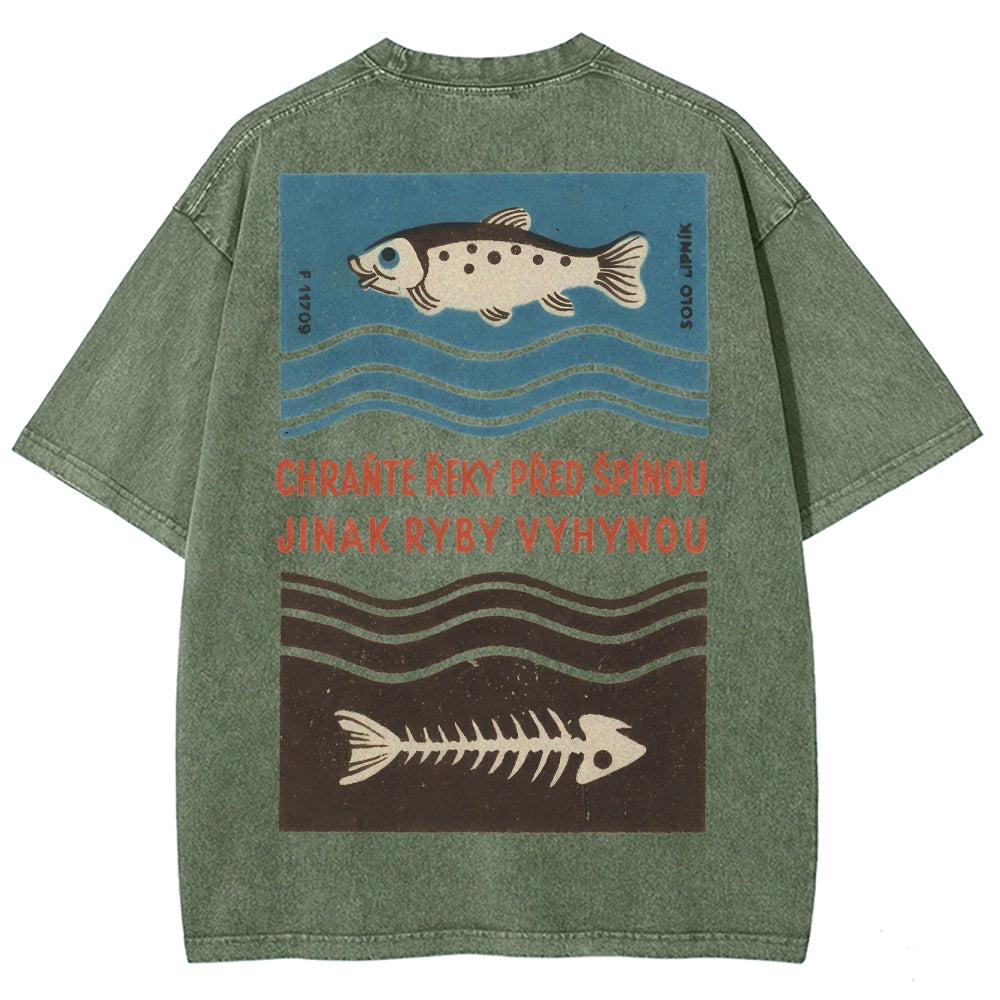 Fish And Fish Bone Washed Vintage Short Sleeves T-Shirt