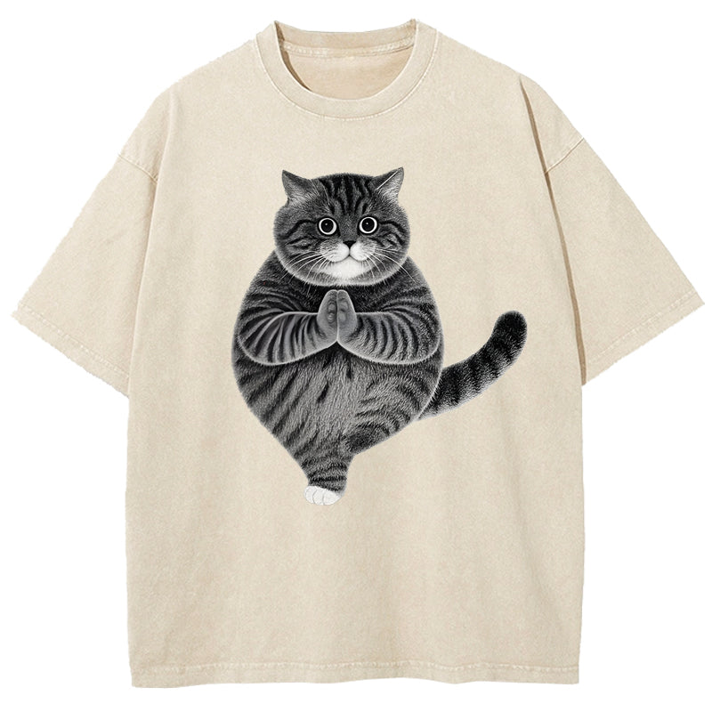 Cute Yoga Cat Art Print Washed T-Shirt