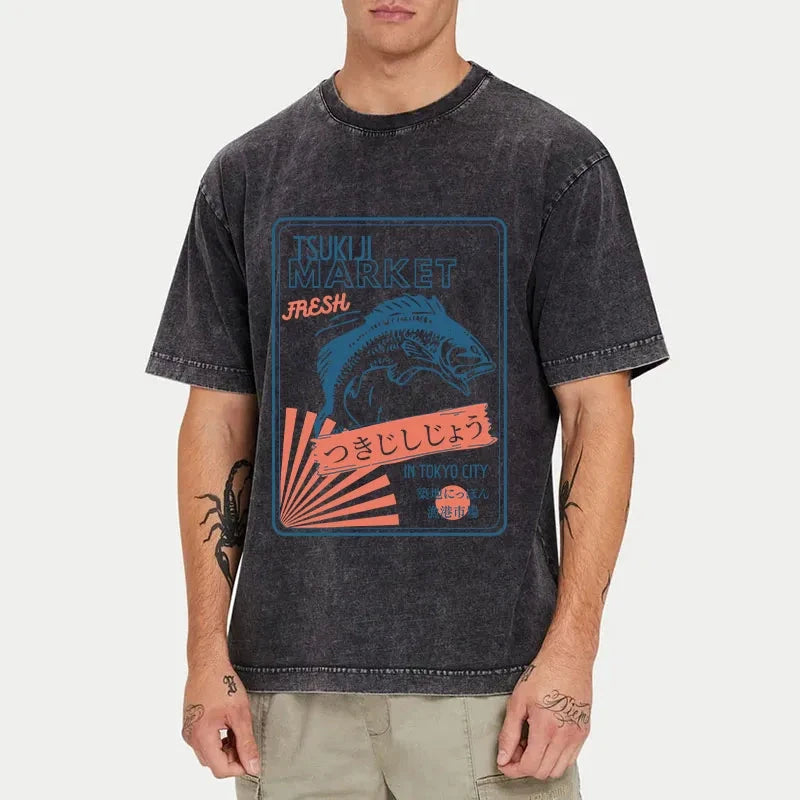 Tsukiji Fish Market Tokyo Japan Washed T-Shirt