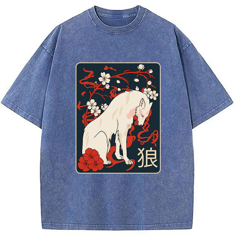 Ancient Japanese Wolf Art Washed T-Shirt