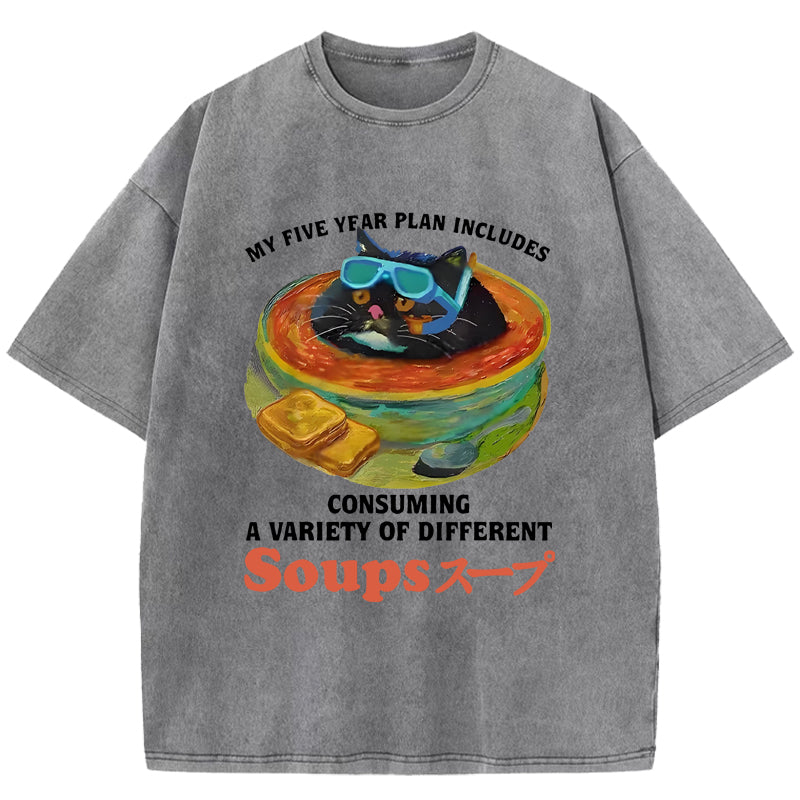 Cat Drinking Soup Washed T-Shirt