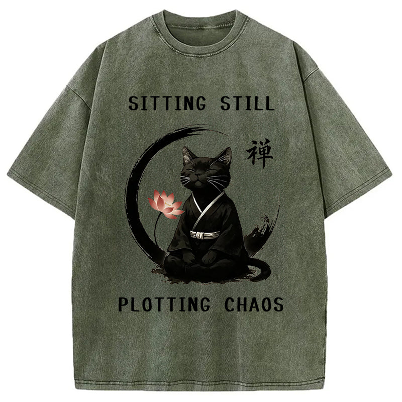 Sitting Calming Zen Cat Washed T-Shirt