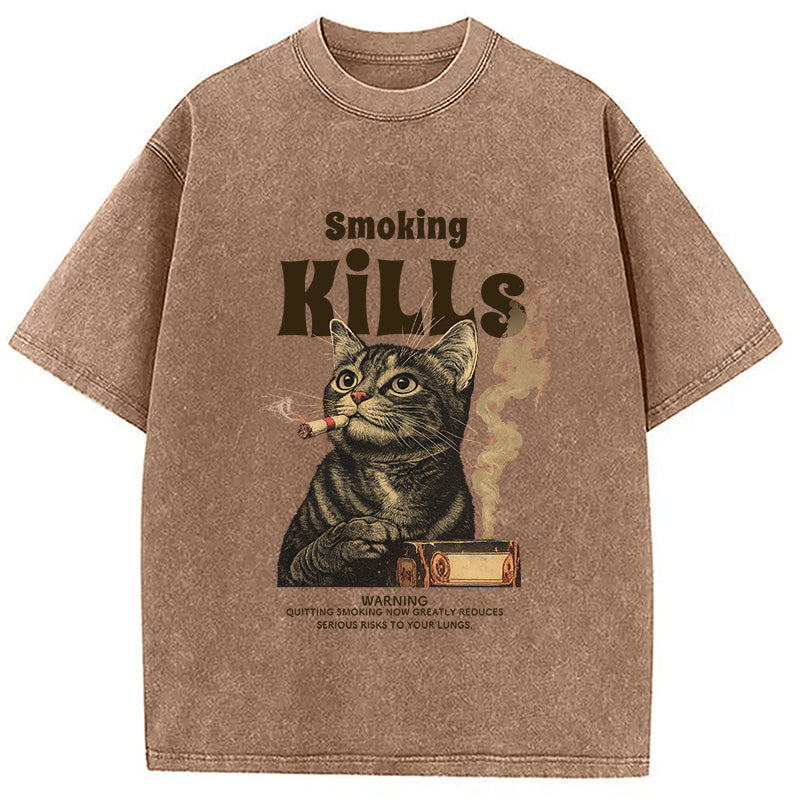 Smoking Mills Cat Meme Washed T-Shirt