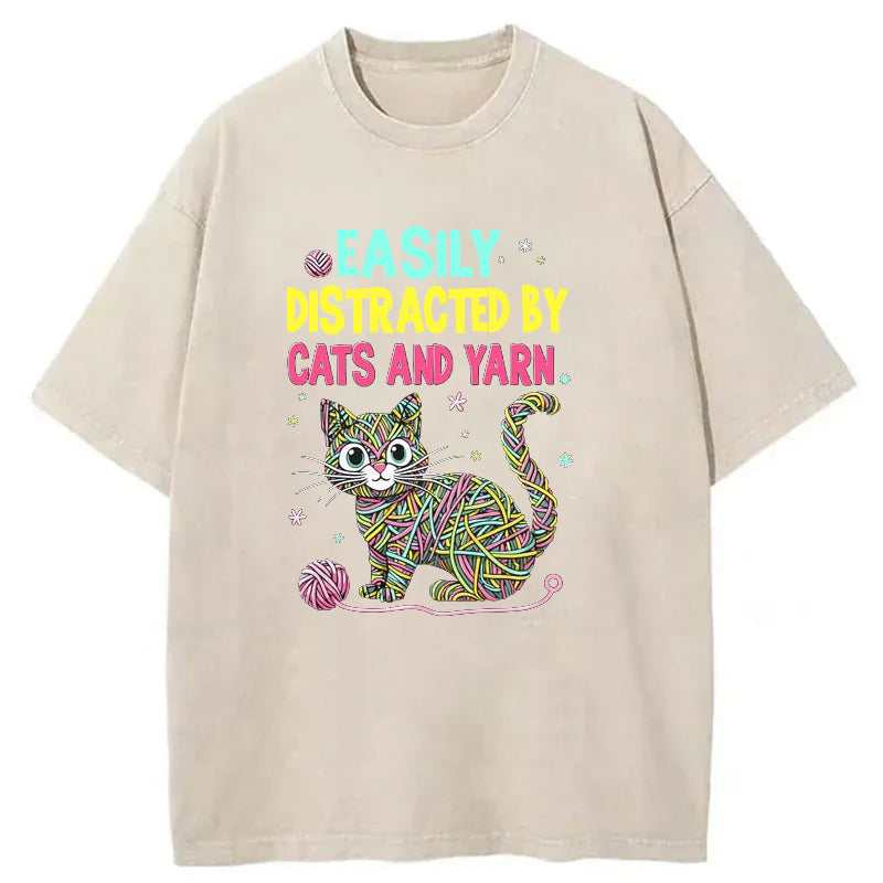 Easily Distracted By Cats And Yarn Washed T-Shirt