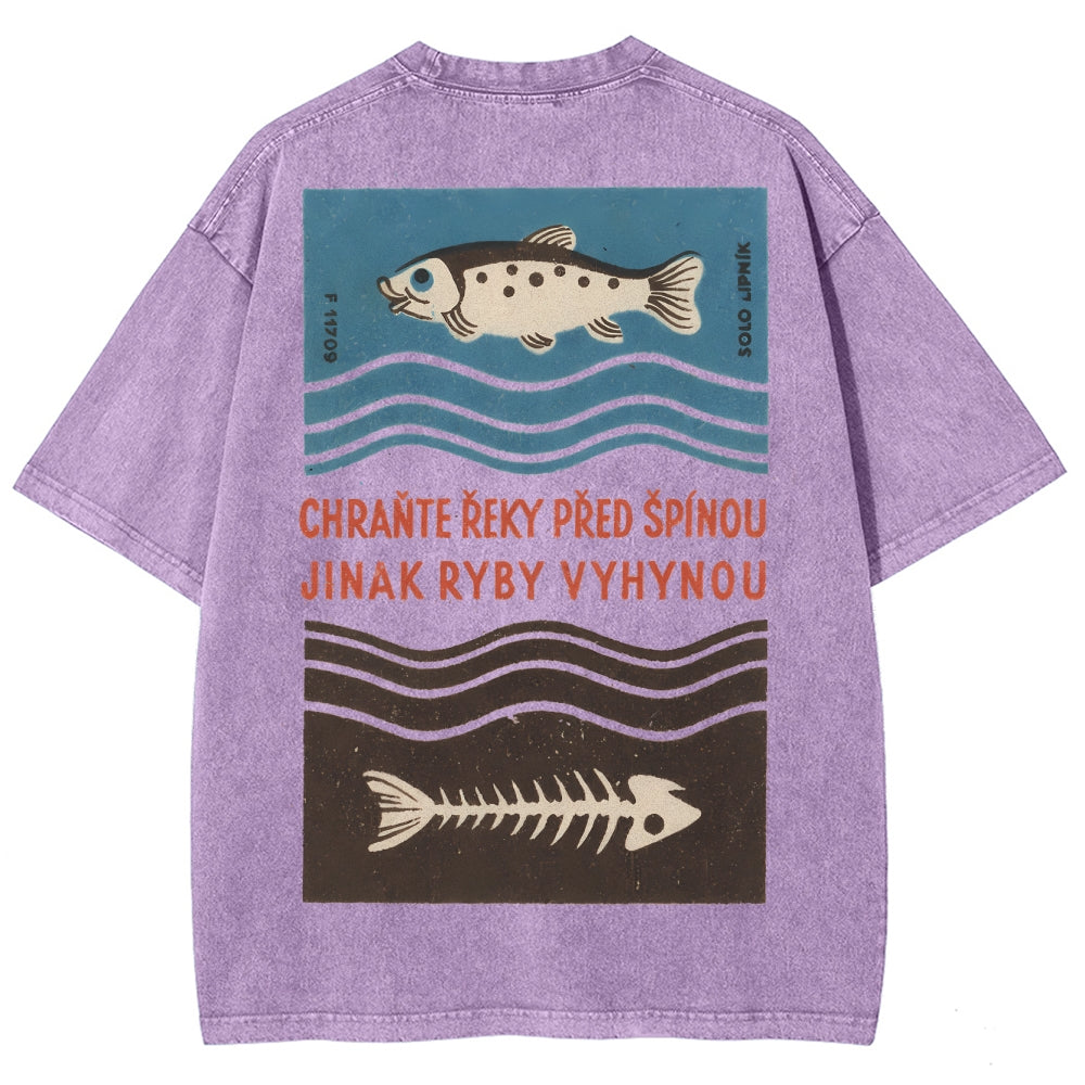 Fish And Fish Bone Washed Vintage Short Sleeves T-Shirt