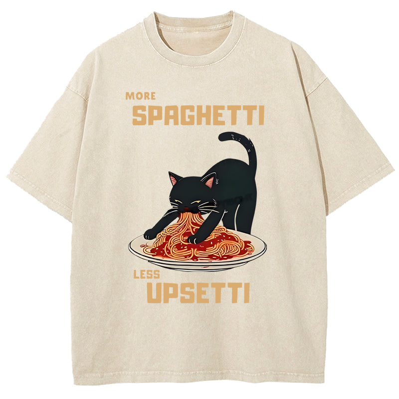 Cat Eating Spaghetti Funny Washed T-Shirt