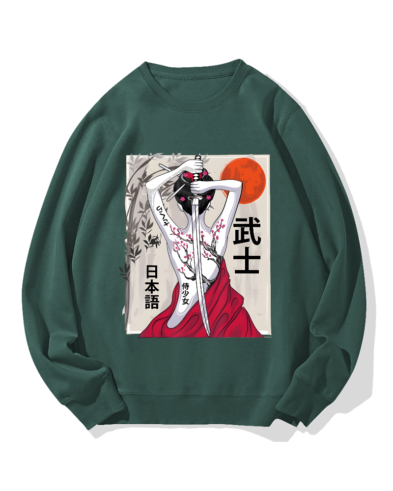 Japanese Samurai Girl Scenery Vintage Sakura Cotton Sweatshirt
