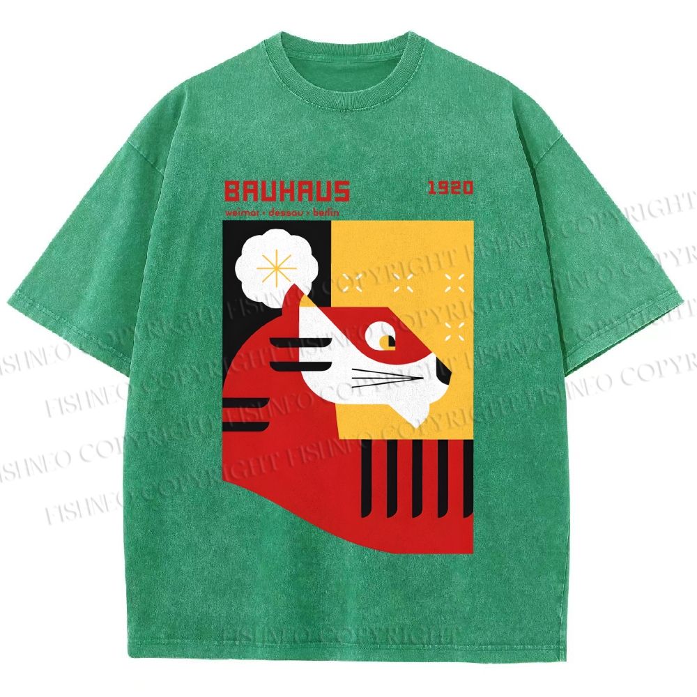 Unisex Bauhaus Red Tiger Printed Washed Tee