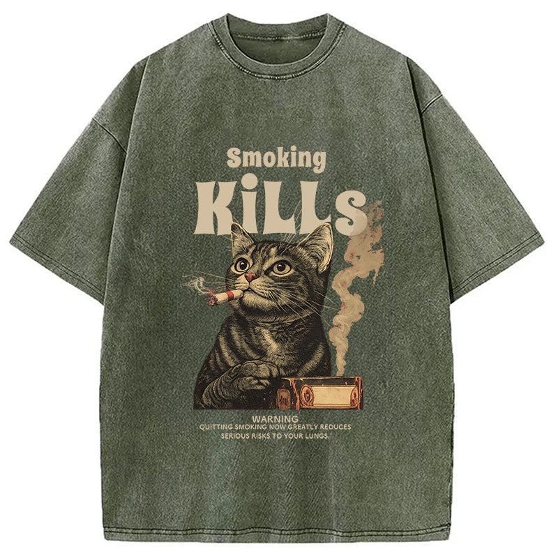 Smoking Mills Cat Meme Washed T-Shirt