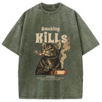 Smoking Mills Cat Meme Washed T-Shirt