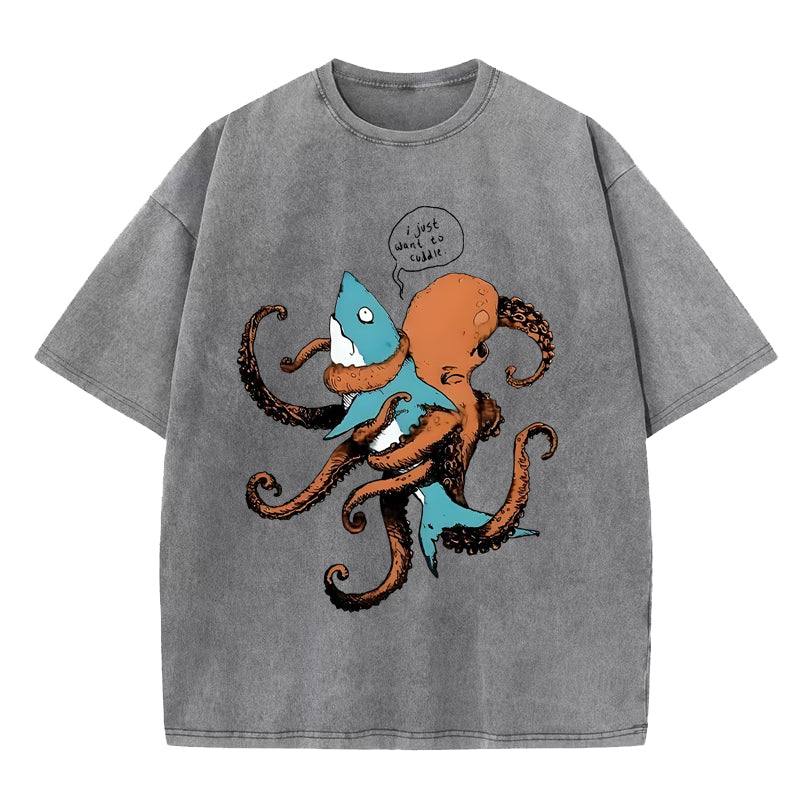 Octopus Entangles Shark Washed T-Shirt