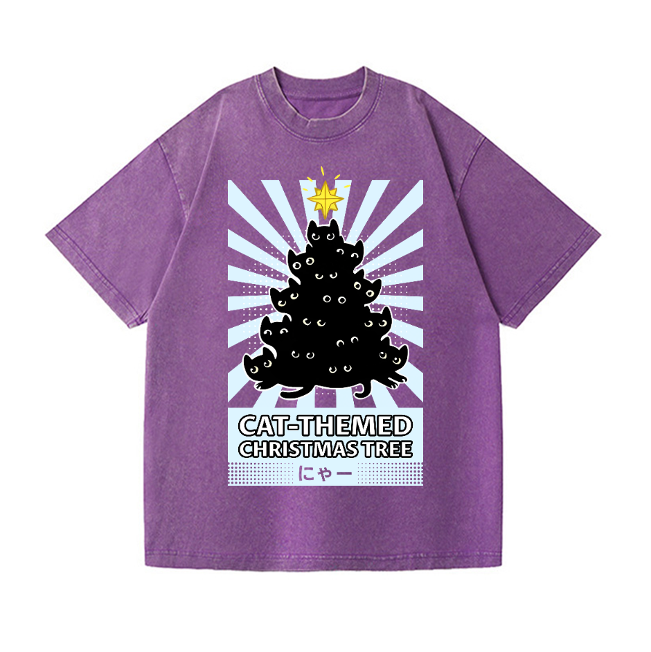 Cat-Themed Christmas Tree Vintage Wash Japanese Design T-Shirt