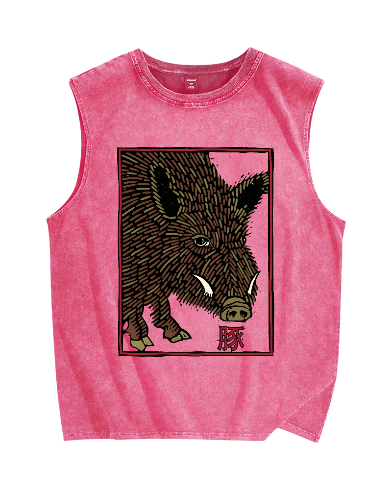 Woodcut Pig Vintage Distressed Washed Tank Top