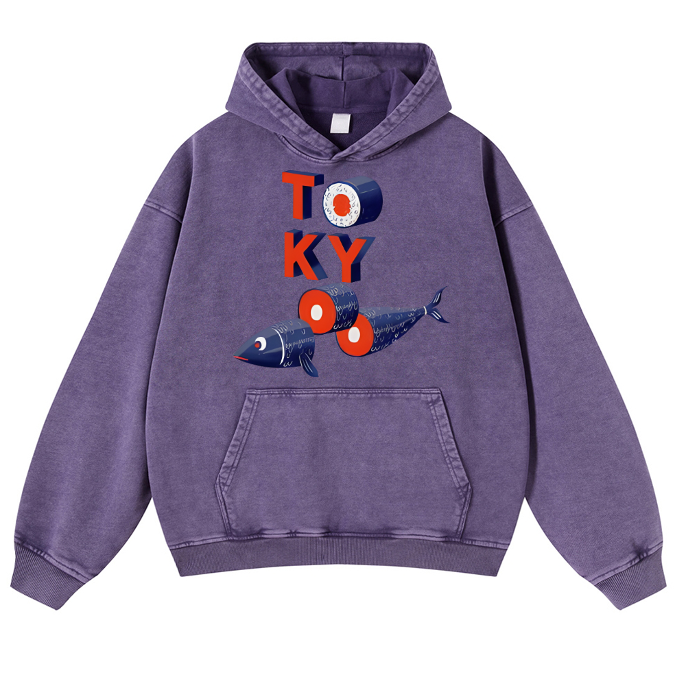 Tokyo Sushi Fish Vintage Washed Thick Cotton Hoodie