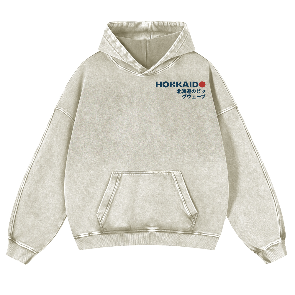 Hokkaido Wave Ukiyoe Vintage Washed Cotton Back Art Hoodie