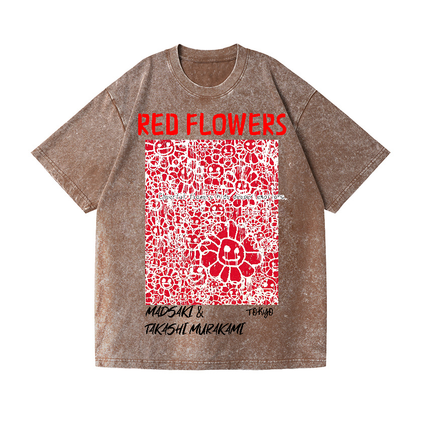 Japan Madsaki Red Flowers Vintage Wash Japanese Design T-Shirt