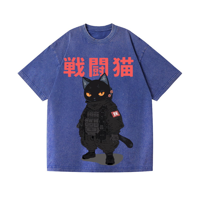 Battle Black Cat Vintage Wash Japanese Design T-Shirt
